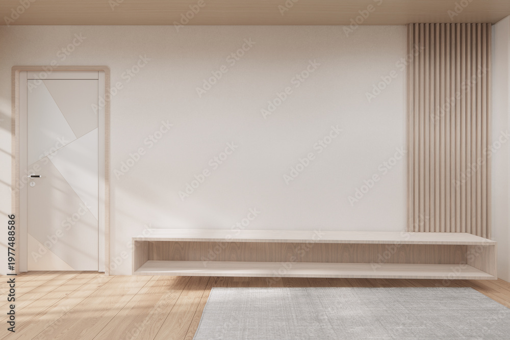 Fototapeta premium Small wall mounted storage cabinet on Empty room,Clean japanese minimalist room interior, 3D rendering