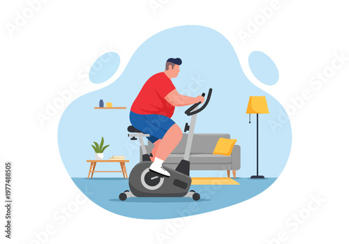 Flat style vector illustration of plus size man riding stationary exercise bike, indoor cardio workout concept, healthy lifestyle and weight loss motivation
