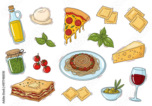 A variety of Italian foods and drinks on a table including pizza cheese wine.