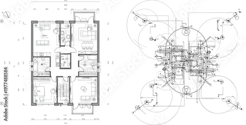Detailed residential architectural floor plan alongside professional electrical lighting layout and ceiling fan installation schematic vector illustration