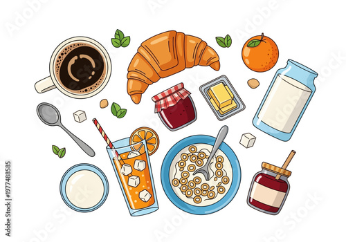 Breakfast scene with various food items on a table indoors
