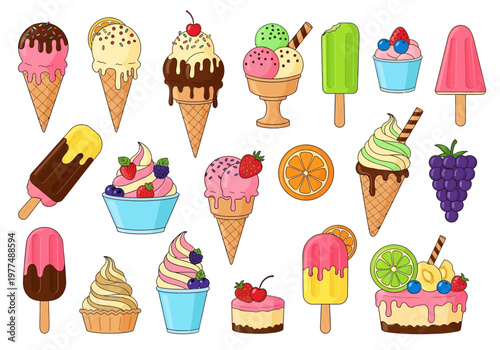 Colorful ice cream treats and desserts on display outside on a sunny day