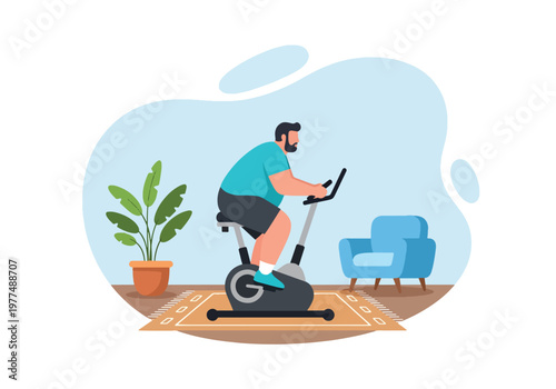 Flat style vector illustration of plus size man riding stationary exercise bike, indoor cardio workout concept, healthy lifestyle and weight loss motivation