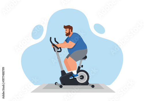 Flat style vector illustration of plus size man riding stationary exercise bike, indoor cardio workout concept, healthy lifestyle and weight loss motivation