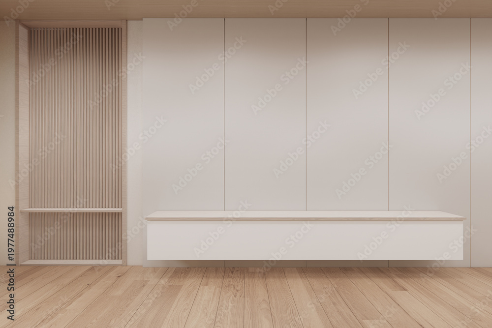 Fototapeta premium Clean Modern room, Mock up carpet on wooden floor on white wall decoration.3D rendering