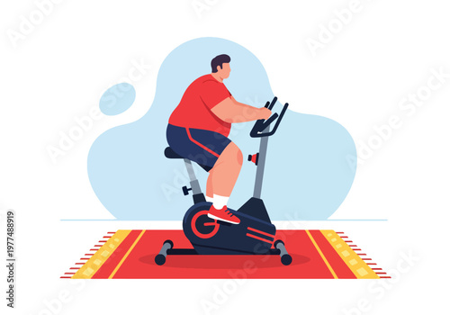 Flat style vector illustration of plus size man riding stationary exercise bike, indoor cardio workout concept, healthy lifestyle and weight loss motivation