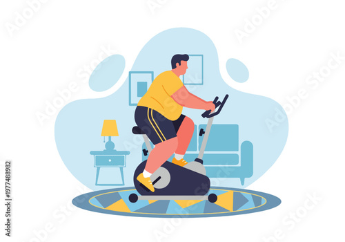 Flat style vector illustration of plus size man riding stationary exercise bike, indoor cardio workout concept, healthy lifestyle and weight loss motivation