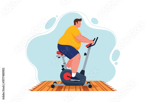 Flat style vector illustration of plus size man riding stationary exercise bike, indoor cardio workout concept, healthy lifestyle and weight loss motivation