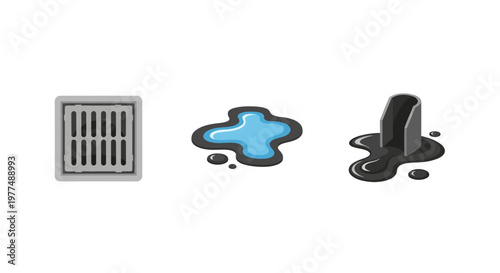 Urban water management: drain water spill oil spill 3d icons