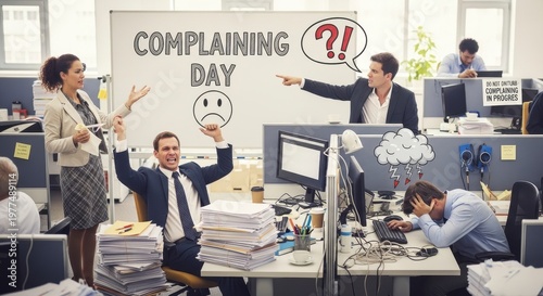 Office workers experiencing a chaotic and stressful complaining day with exaggerated emotions and a whiteboard.