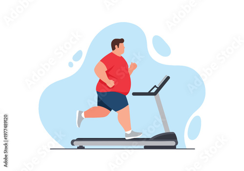 Flat style vector illustration of plus size man running on treadmill, inclusive fitness and healthy lifestyle concept with cardio workout and modern abstract background for training design