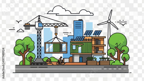 Sustainable City Development Illustration: Crane Building Modular Container Home with Solar Panels and Wind Turbine