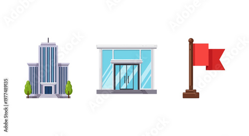 Modern architectural icons: government building shopping mall and red