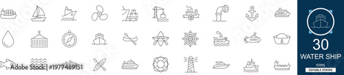 Water ship and maritime line icon set with 36 icons: ship, boat, vessel, cargo, anchor, navigation, ocean, transport. Clean linear vector, editable stroke for marine and port projects