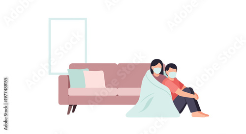 Mother and child with masks on couch in minimalist flat design