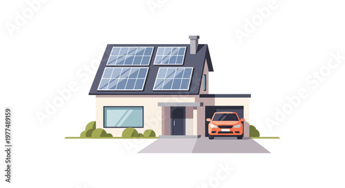 Modern sustainable house with solar panels and electric car in