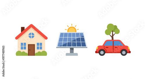 Sustainable energy concept with solar panel house car and tree