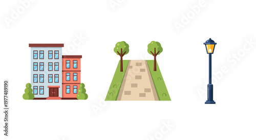 Urban cityscape with building park pathway and street lamp