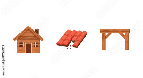 Rustic cabin elements with wooden house roof tiles and timber