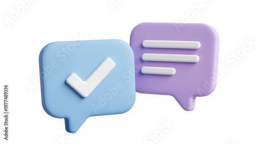 Blue Checkmark Speech Bubble with Purple Message Lines 3D Render