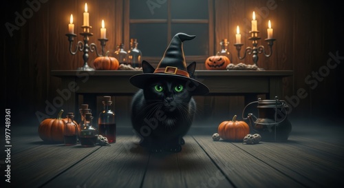 Black cat in witch hat among pumpkins and candles in a rustic room