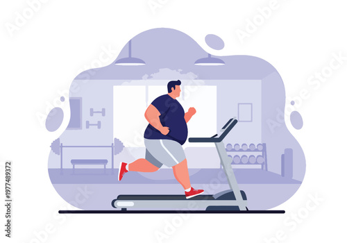 Flat style vector illustration of plus size man running on treadmill, inclusive fitness and healthy lifestyle concept with cardio workout and modern abstract background for training design