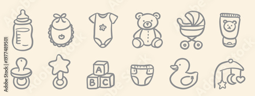 Hand-drawn minimalist doodle set of baby essentials: bottle, bib, bodysuit, teddy bear, stroller, pacifier, rattle, blocks, diaper, and mobile. Simple beige line art icons.