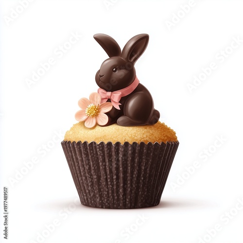 Easter Bakery Illustration With Chocolate Cupcake And A Smooth Chocolate Bunny Topper