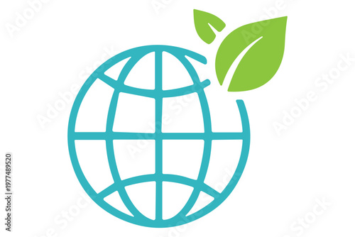 A stylized globe with two green leaves emerging from the top, symbolizing environmental protection, sustainability, and a green planet. Perfect for ecological themes