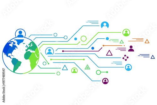 Global interconnectedness concept with digital network lines and human icons representing social connections and communication