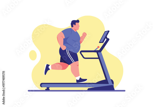 Flat style vector illustration of plus size man running on treadmill, inclusive fitness and healthy lifestyle concept with cardio workout and modern abstract background for training design