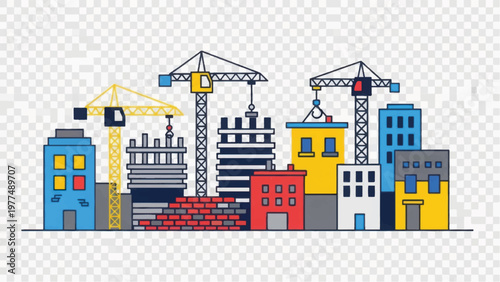 Hand-Drawn Doodle City Construction Illustration: Urban Buildings, Cranes, Development, and Architecture Project Sketch.