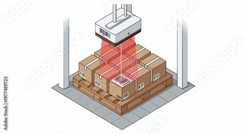 Isometric Warehouse Automation Illustration: Industrial Laser Barcode Scanner Scanning Cardboard Boxes on a Wooden Pallet for Smart Logistics and Inventory Management
