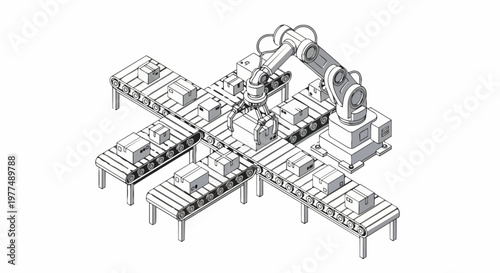 Isometric line art illustration of industrial automation with a robotic arm picking boxes on conveyor belts in a smart warehouse