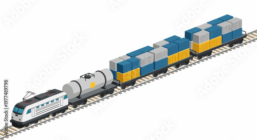 Isometric Freight Train with Cargo Containers and Tanker Wagon on Railway Tracks Isolated on White Background