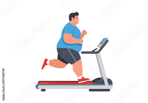 Flat style vector illustration of plus size man running on treadmill, inclusive fitness and healthy lifestyle concept with cardio workout and modern abstract background for training design