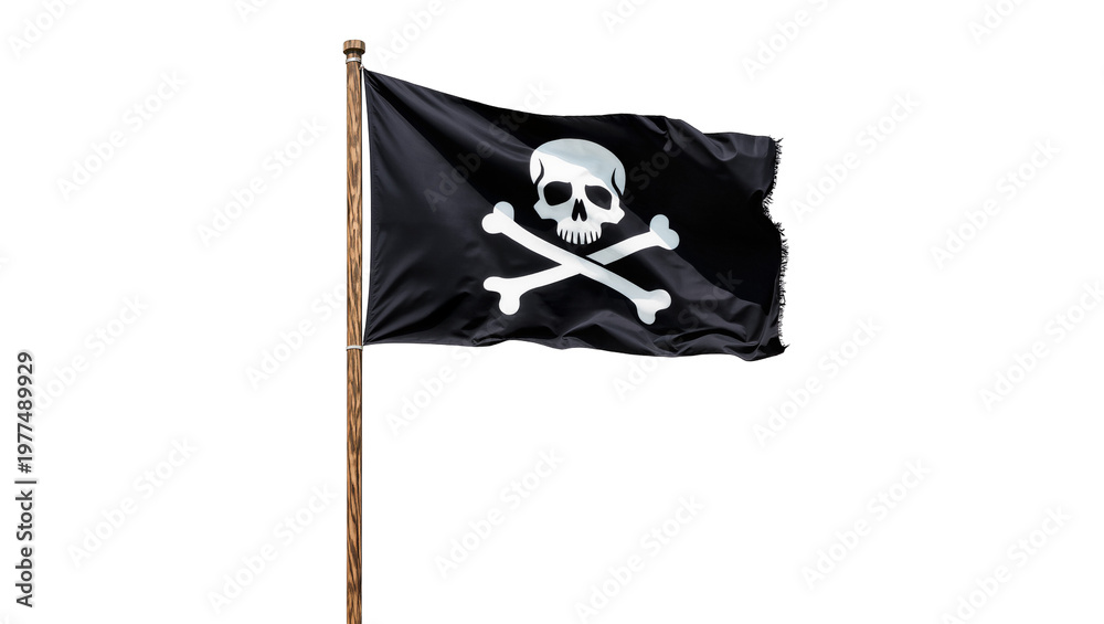 Fototapeta premium Black pirate flag with skull and crossbones design on wooden pole