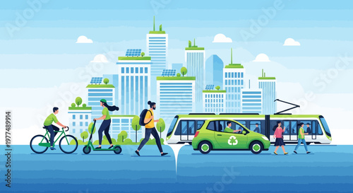 Eco-friendly urban transport: people cycling, scooting, walking, riding electric car and tram