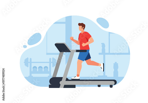 Flat style vector illustration of man running on treadmill, healthy lifestyle and cardio workout concept isolated on modern background for training and exercise