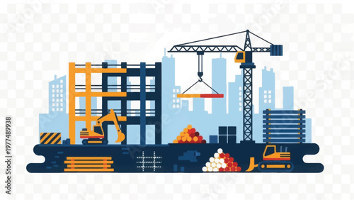 Urban Construction Site Illustration with Tower Crane, Building Development, and Heavy Machinery on Transparent Background