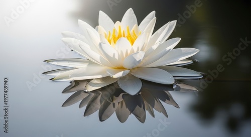 A serene white water lily floats gracefully on calm water, reflecting its delicate petals.