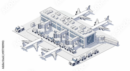 Isometric Airport Terminal Illustration with Airplanes, Jet Bridges, and Cargo Logistics Vehicles in Minimalist Line Art Style