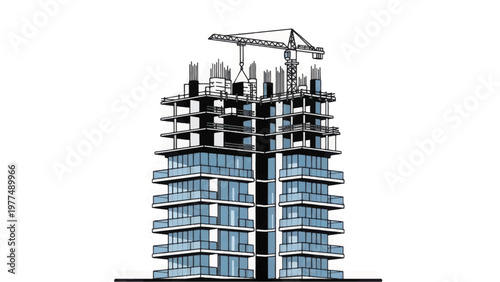 Modern High-Rise Skyscraper Under Construction. Building Development Progress with Finished Glass Facade and Structural Skeleton Sketch.
