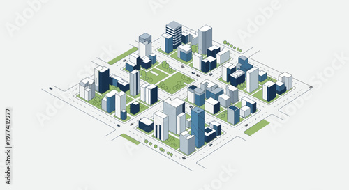 Isometric Cityscape Map with Buildings, Roads, and Green Spaces