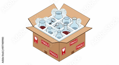 Isometric illustration of a cardboard box packed with fragile glassware and laboratory equipment using bubble wrap and protective foam dividers.