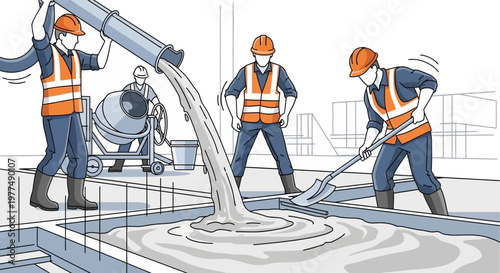 Construction Workers Pouring Concrete with Mixer and Cement Truck Hose