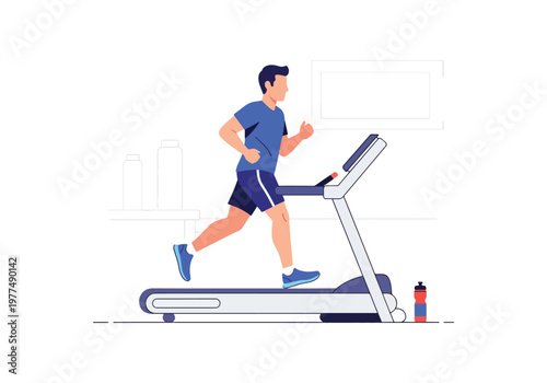 Flat style vector illustration of man running on treadmill, healthy lifestyle and cardio workout concept isolated on modern background for training and exercise