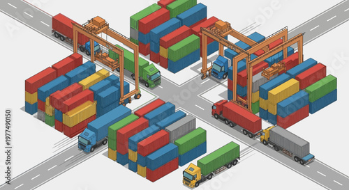 Isometric Logistics Hub: Shipping Containers, Trucks, and Cranes at a Crossroads