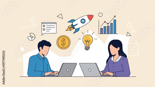 Business professionals working on laptops with startup and finance icons floating above them in a creative workspace