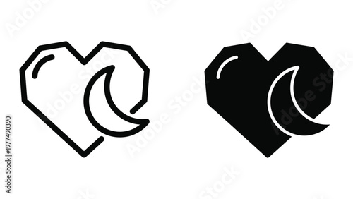 Two contrasting pixelated heart shapes with a moon crescent in the center of each